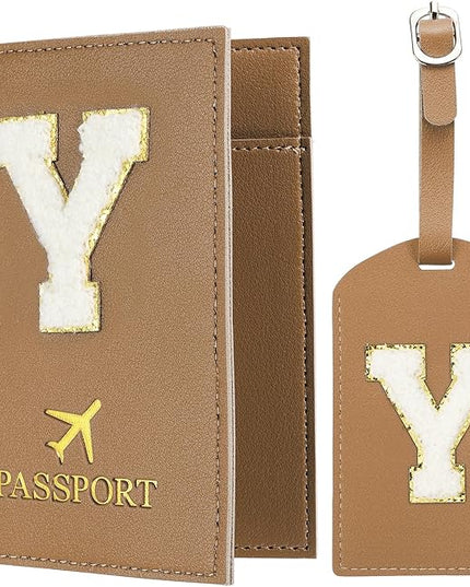PATIKIL Passport Holder for Travel, Initial Passport Cover and Luggage Tag Set with Alphabet Chenille Letter Patch Travel Wallet Bag Suitcase Identifier for Women Family Travel Brown Y