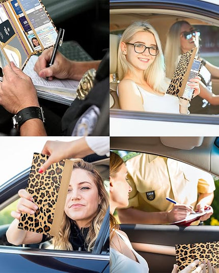 Car Registration and Insurance Holder with Magnetic Closure, Universal Document Organizer for License, Insurance Cards & Glove Box Storage (Leopard-Brown)