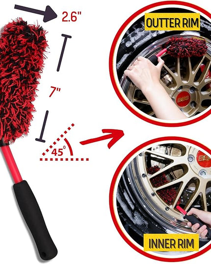 Angled Wheel Brush Kit 3 Pack- Angled Microfiber Wheel Brush, Wheel Barrel Brush, Detailing Brush Scratch Free Calipers Woolies Spoke Brush Cleans Brake Dust from Barrels& Hard to Reach Areas