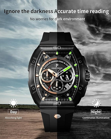 Paras Crown Watches for Men Tonneau 5ATM Waterproof Quartz Luxury Chronograph Analog Men's Wrist Watches Stainless Steel Case Mens Watches