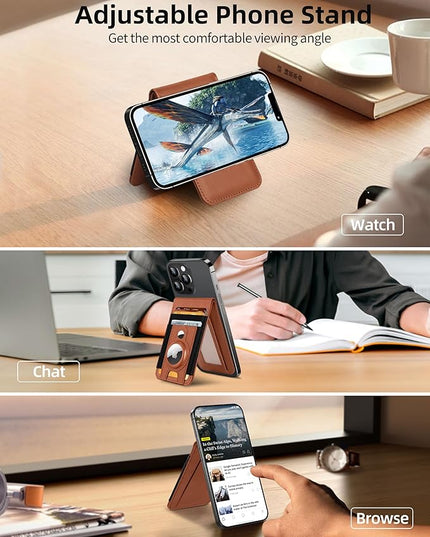 for Magsafe Wallet Stand with Airtag Holder, Strongest Magnetic Wallet for iPhone 17/16/15/14/13/12 Series, ID Window, 4 Card Slots, 10 Cards Holder, Vegan Leather, RFID Blocking, Brown