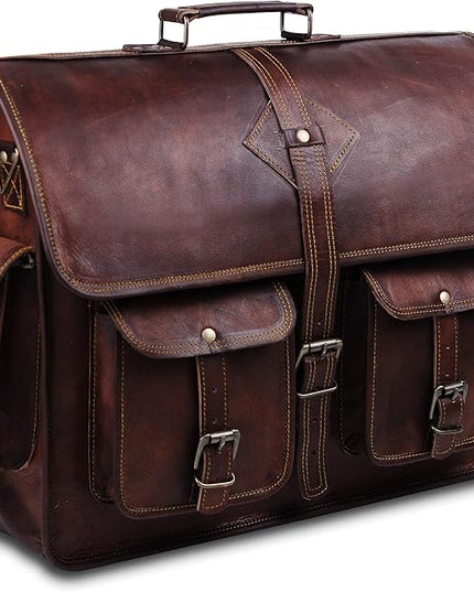 Vintage Leather Laptop Bag for Men Full Grain Large Leather Messenger bag for men 18 inches with rustic look Brown briefcase (Brown)