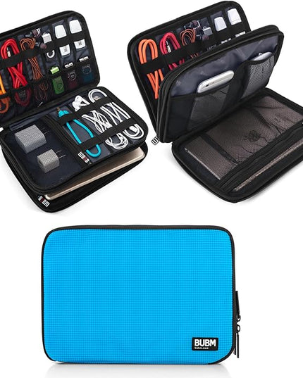 BUBM Double Layer Electronic Accessories Organizer, Travel Gear Bag for Cables, USB Flash Drive, Plug and More, Perfect Size Fits for iPad Mini (Medium, Blue)
