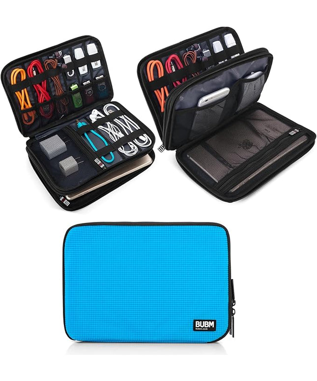 BUBM Double Layer Electronic Accessories Organizer, Travel Gear Bag for Cables, USB Flash Drive, Plug and More, Perfect Size Fits for iPad Mini (Medium, Blue)