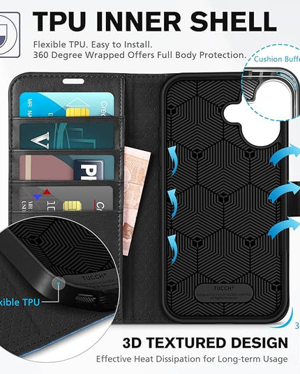TUCCH Case Wallet for iPhone 16, Protective [TPU Shockproof Inner Shell], PU Leather [RFID Blocking] [4 Card Holder] Magnetic Closure Stand Cover Compatible with iPhone 16, Black&Light Blue