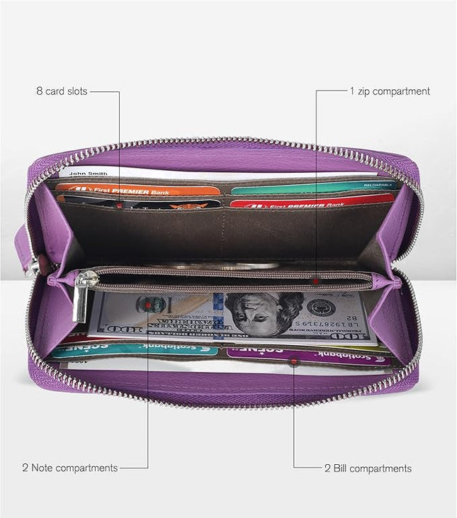 Oak Leathers Purple Leather Wallet for Women - RFID Womens Wallet Clutch with 8 Credit Card Holder, Coin Pocket, Gift for Women’s