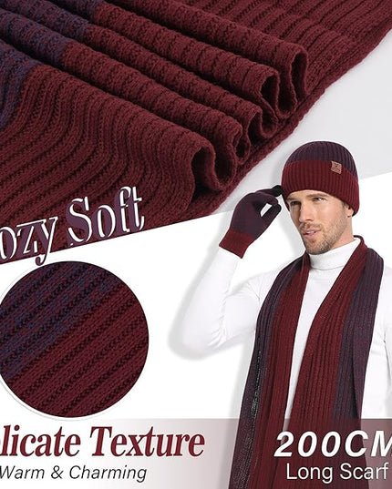 FZ FANTASTIC ZONE Mens Winter Knit Hat Beanie Long Neck Scarf Touchscreen Gloves Set Fleece Skull Caps Gifts for Men Women