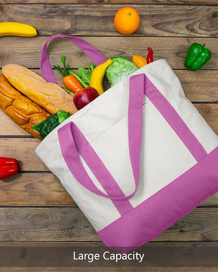 TOPDesign 3-Pack Canvas Tote Bags with an External Pocket, Reusable Grocery Shopping Bags, Top Zipper Closure, Daily Essentials (Light Purple/Natural)