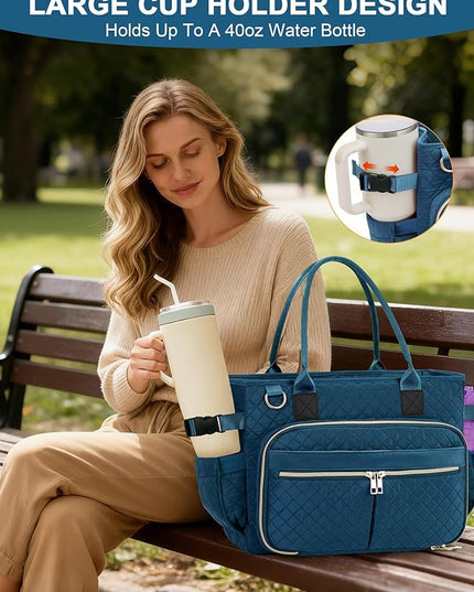 FIORETTO Teacher Tote Bag for Women with Laptop Compartment, Large Cup Holder, Zip Closure, Ideal for Work, Bible, Nurse