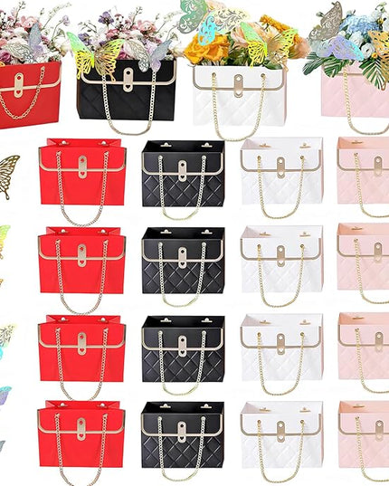 JHXTZ 16 Pack Flower Paper Gift Bag and 24 3D Butterfly Decor, Bouquet Portable Flower Handbag Box with Metal Chain, Small Florist Carrier Bag for Arrangements, Valentine's Day, Birthday 4 colors