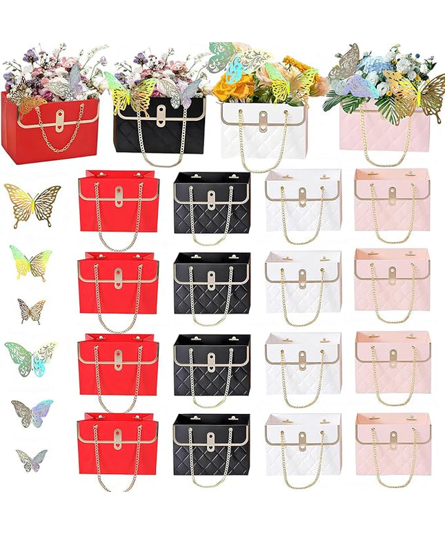 JHXTZ 16 Pack Flower Paper Gift Bag and 24 3D Butterfly Decor, Bouquet Portable Flower Handbag Box with Metal Chain, Small Florist Carrier Bag for Arrangements, Valentine's Day, Birthday 4 colors