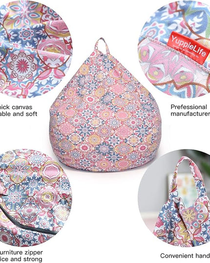 YuppieLife Kids Storage Bean Bag Cover（No Filling） Toy Organizer|Carrying Handle Sofa|Available for Kids and Teenager|Cuddle Chair|Machine Washable and Durable（27“,Pink Flowers）