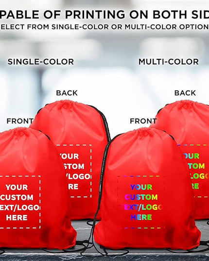 DISCOUNT PROMOS Custom Classic Polyester Drawstring Bagpack Set of 10/50/100, Personalized Bulk Pack - Great for Travelling, Gym and for Everyday Use - Red
