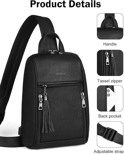FADEON Sling Bag for Women, Crossbody Backpack with Tassels, Designer Leather Shoulder Chest Bags for Travel