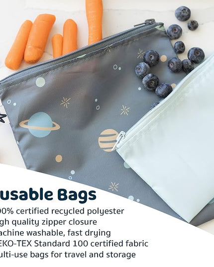Tiny Twinkle 5 Pack Reusable Snack Bags - Machine Washable, PFAS, PVC, BPA, Phthalate-Free Reusable Baby and Toddler Food Safe Snack Bags (Space)