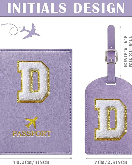 COSHAYSOO Purple Initial Passport Cover and Luggage Tag Set TSA Approved with Chenille Letter Patch for Women Teenage Girls, Family Travel Passport Holder Bag Suitcase Cruise Ships Identifier(D)