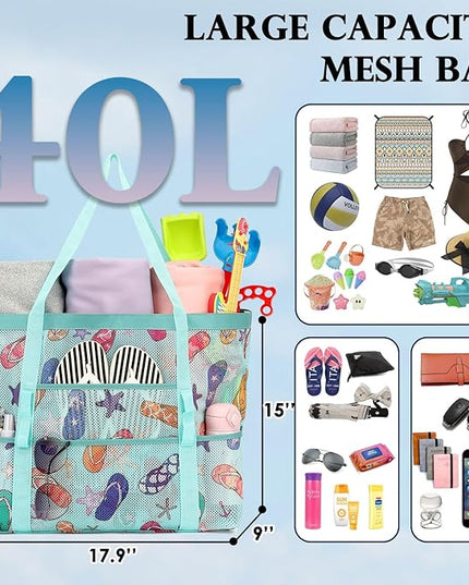 Mesh Beach Bag, Large Beach Tote with Zipper Pocket, Toys Pool Bag for Family Travel Vacation Cruise Essentials