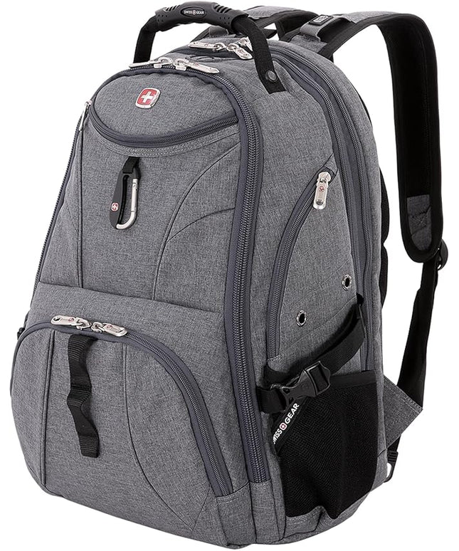 SwissGear 1900 ScanSmart 17” Laptop Backpack Grey Heather – Reflective Tech Backpack with ScanSmart Compartment – Multiple Organizer Pockets & RFID Scan Blocking Technology