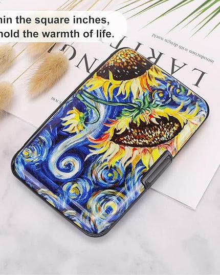 ELFISH Mini RFID Aluminum Wallet Credit Cards Holder Business Card Case Metal ID Case for Men Women (Sun flower)