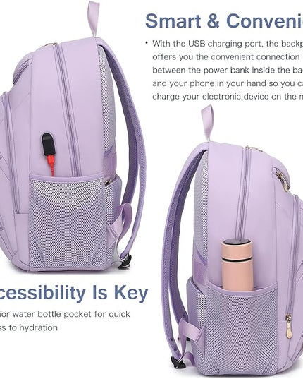 Boavan Laptop Backpack for women, 15.6inch Laptop Bag with USB Port, Waterproof Travel Work Backpack Purse, Anti-Theft Teacher Nurse Doctor Casual Bookbags Office Business backpack，Purple