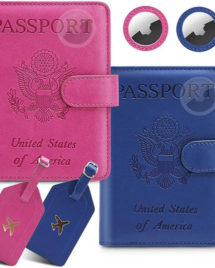 2 Pack Passport Holder for Travel with Slot for Tracker Device & Luggage Tag Cover, RFID Blocking Passport Holder for Women & Men | PU Leather Passport Cover Case with Pocket, Blue & Pink