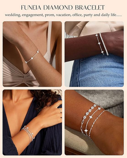 FUNEIA Dainty Silver Gold Bracelets for Women Trendy Non Tarnish 14K Gold Plated Waterproof Diamond Bracelets Cute Stackable Heart Butterfly Clover Cross Evil Eye Charm Bracelet Stack Jewelry Gifts