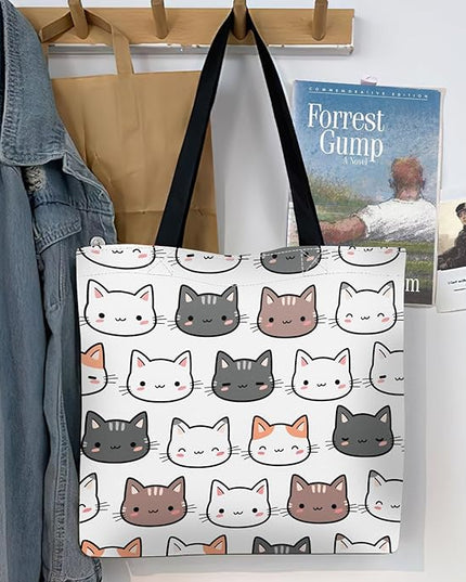 Canvas Tote Bag for Women，Cute Heavy-Duty Shoulder Bag with Zipper Pocket -Travel Tote for Grocery, Gym,Shopping