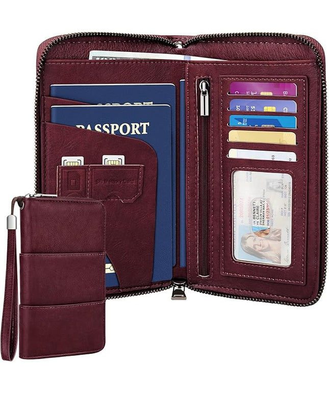 Family Passport Holder Wallet with Zipper, RFID Blocking Travel Document Organizer, PU Leather Passport Wallet for Women Men, Passport Cover Travel Wallet for Boarding Pass, ID, Money, Tickets