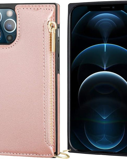 Bocasal Crossbody Wallet Case for iPhone 12 Pro Max with Card Holder,Zipper Card Slot Protector Shockproof Purse Cover with Removable Cross Body Strap 6.7 Inch(Rose Gold)