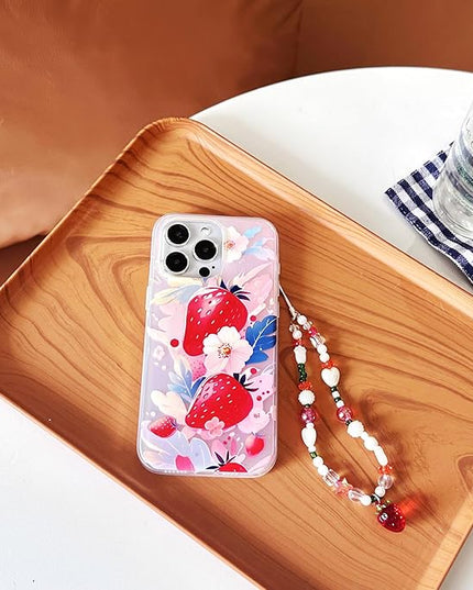 Compatible with iPhone 15 Pro Case, Strawberry Pattern Luxury Magnetic Case[Compatible with MagSafe][with Beads Wrist Strap Bracelet Chain and Glitter Bling Back] for Women and Cute Girly