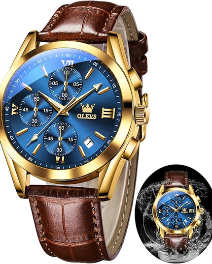 OLEVS Leather Chronograph Watch Men - Leather Strap (Brown/Black), Work Luminous Waterproof Analog Quartz Dress Wrist Watch with Blue/Black/Brown/White Dial