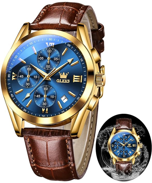 OLEVS Leather Chronograph Watch Men - Leather Strap (Brown/Black), Work Luminous Waterproof Analog Quartz Dress Wrist Watch with Blue/Black/Brown/White Dial