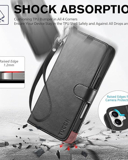 TUCCH Case Wallet for iPhone 16, [Wrist Strap] RFID Blocking 4 Card Slots Kickstand [Shockproof TPU Shell], PU Leather Magnetic Flip Cover Compatible with iPhone 16 5G 2024, Black with Wristlet