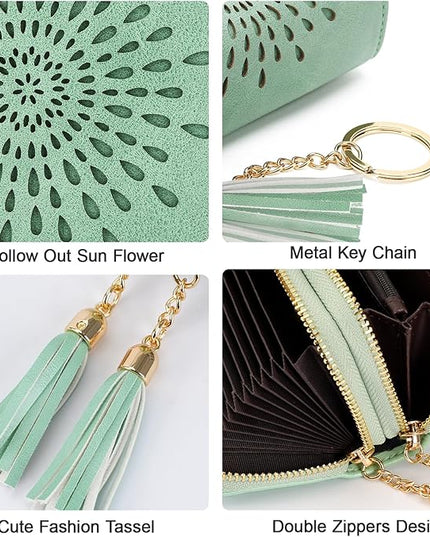 APHISON RFID Credit Card Holder Zipper Card Case Small Wallets for Women Leather Sunflower Style Ladies Girls Credit Card Case Double-Zip Peppermint-Mambo-Green
