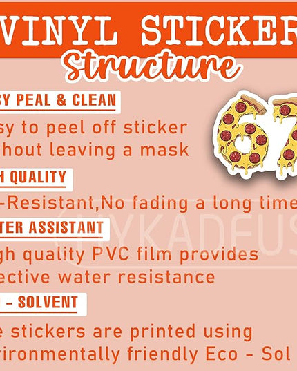 (3Pcs) 67 Pizza Meme Stickers Funny Six Seven Gen Alpha Slang 6 7 Numbers Vinyl Decals Waterproof for Laptop, Water Bottle, Tumbler, Scrapbooking, 3" x 2.4"