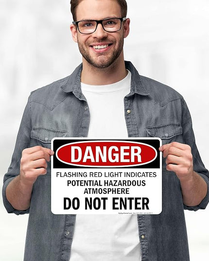 Danger Flashing Red Light Indicates Potential Hazardous Atmosphere Do Not Enter Sign, 10x7 Inches, 4 Mil Vinyl Decal Stickers Weather Resistant, Made in USA by My Sign Center