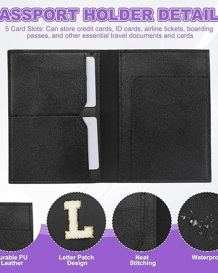 PATIKIL Passport Holder for Travel, Initial Passport Cover and Luggage Tag Set with Alphabet Chenille Letter Patch Travel Wallet Bag Suitcase Identifier for Women Family Travel Black L