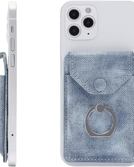 RFID Ring Stand Stick on Wallet for Back of Phone for iPhone Android and All Smartphones Adhesive Credit Card Holder for Cell Phone-Denim Blue …