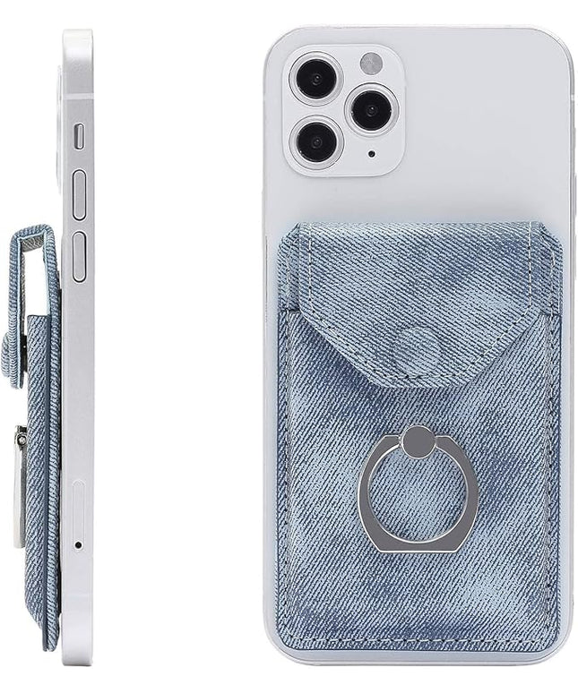 RFID Ring Stand Stick on Wallet for Back of Phone for iPhone Android and All Smartphones Adhesive Credit Card Holder for Cell Phone-Denim Blue …