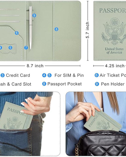 ACdream RFID BLOCKING Passport Holder Travel Wallet - Premium PU Leather Cover Passport Book with Card Holder, Pen Holder, Keep Organization, and Travel Essentials for Women and Men, Agave Green