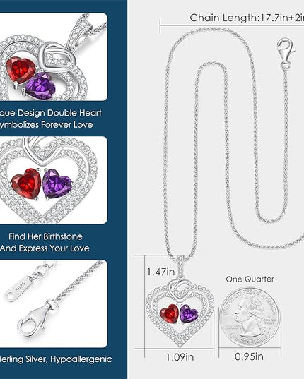 LOUISA SECRET Sparkling Double Heart Birthstone Necklaces for Women, 925 Sterling Silver Fine Jewelry, Pendant Heart Necklaces Birthday Anniversary Christmas Gift for Women Wife Mom Girlfriend Lady