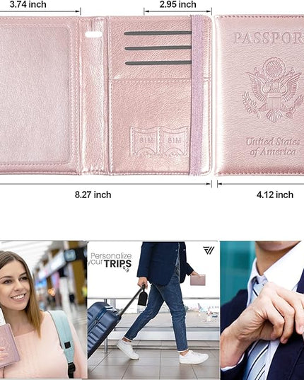 Eoehro Passport and Vaccine Card Holder, Passport Holder Vaccine Card Slot, Passport Wallet, Passport Cover, Passport Case, Passport Holder for Airplane Travel Essentials (E-Elastic band Rose gold)
