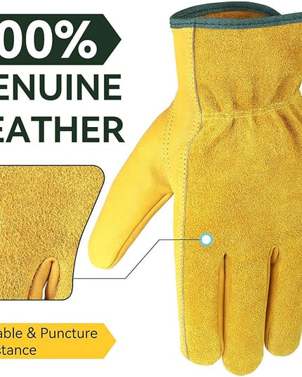 OZERO 5 Pairs Leather Work Gloves Flex Grip Tough Cowhide Gardening Glove for Wood Cutting/Construction/Truck Driving/Garden/Yard Working for Men and Women (Gold,Medium)