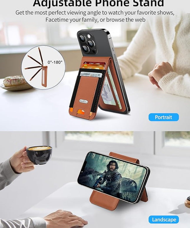 For Magsafe Wallet Stand, Magnetic Wallet for iPhone 17/16/15/14/13/12 Series, for iPhone Walletwith Adjustable Stand, ID Window, 4 Card Slots, 10 Cards Holder, Vegan Leather, RFID Blocking, Brown