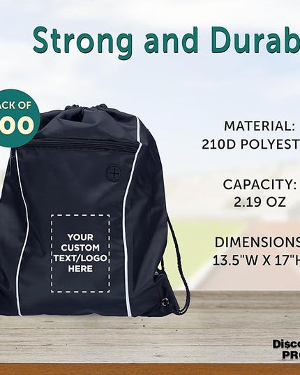 DISCOUNT PROMOS Two-Tone Drawstring Backpack Non-Woven - 100 pack - Customizable Text, Logo - Durable Sports Backpacks - Ideal for Sports, Travel, Gym & More - Black