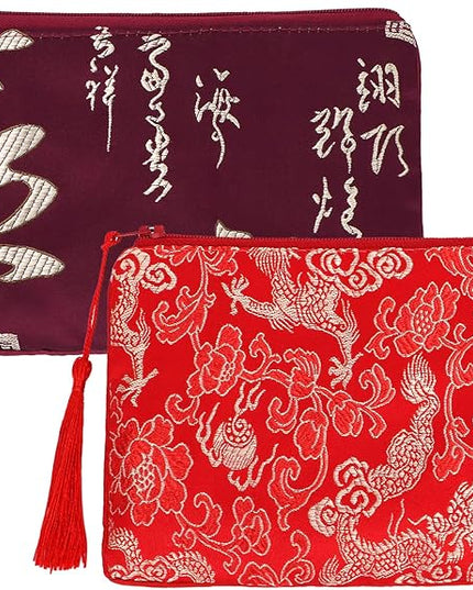 kilofly 2 pc Chinese Silk Brocade Padded Tassel Zipper Jewelry Bag Gift Pouch