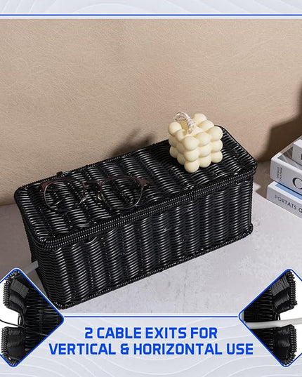Cable Management Box, Handmade Rattan Cable Organizer with 2 Open Slots, Cord Hider for Power Strip, Router & USB Hub, Registered U.S. Design Patent (D1,112,102), 13" x 5.1" x 5.1", Black