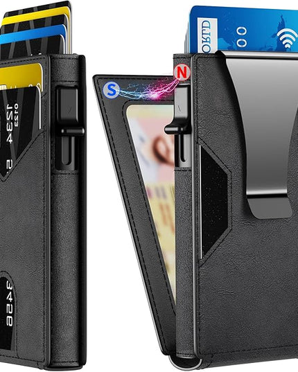 KISUEDZP Wallet for Men Slim RFID Blocking-Metal Smart Pop-Up Credit Card Holder with 2 ID Windows, Holds 8-10 Cards,Bifold Minimalist Front Pocket Wallet & Money Clip,Men's accessories (Black)