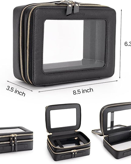 Aveniee Clear Makeup Bags,Double Layer Cosmetic Bags with Separate Brush Compartment,Large Travel Toiletry Bag Cosmetic Case,Travel Accessories Organizer for Women,2 Layers,Black