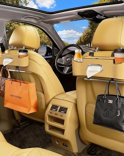 Car Backseat Organizer for Kids & Travelers - 4 in 1 Multifunctional Car Seat Back Storage with Cup Holder, Tissue Box, Snack/Handbag Holder - Nappa Leather Universal Fit for SUV/Van/Sedan (Beige)